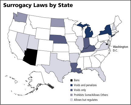 يُعد تأجير الأرحام قانونيًا في جميع الولايات الخمسين من وصف خريطة الولايات المتحدة الأمريكية
